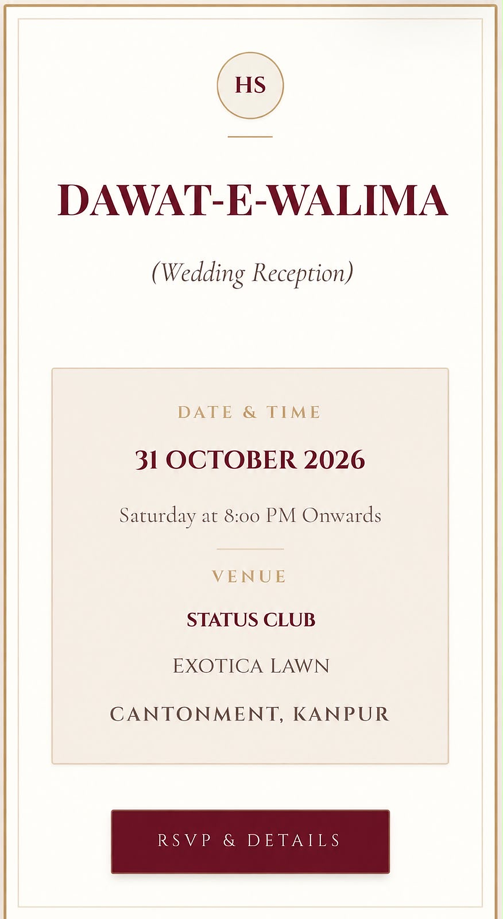 Dawat-e-Walima wedding reception details — tap RSVP and Details to open the final RSVP page