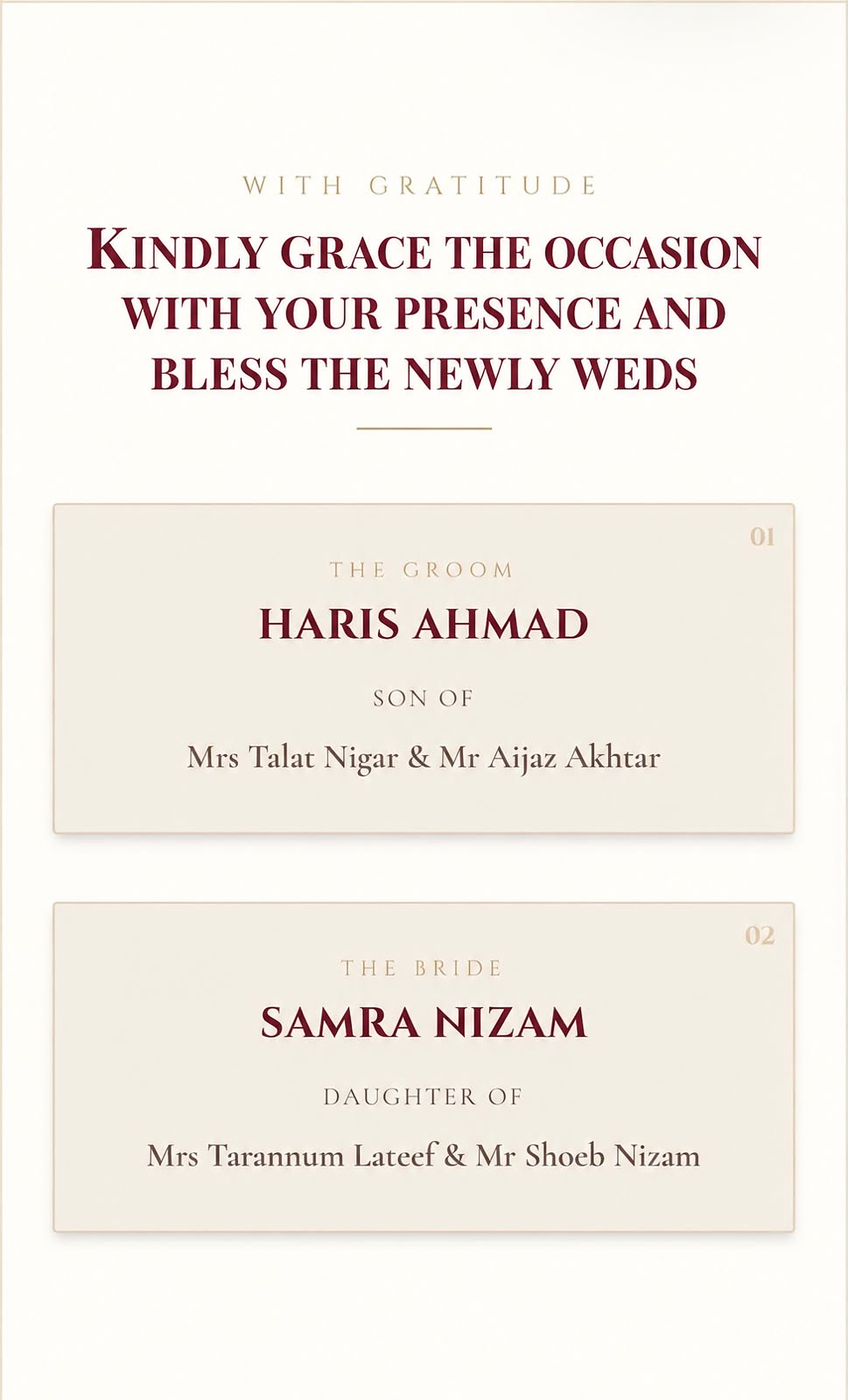 Wedding invitation with groom and bride details